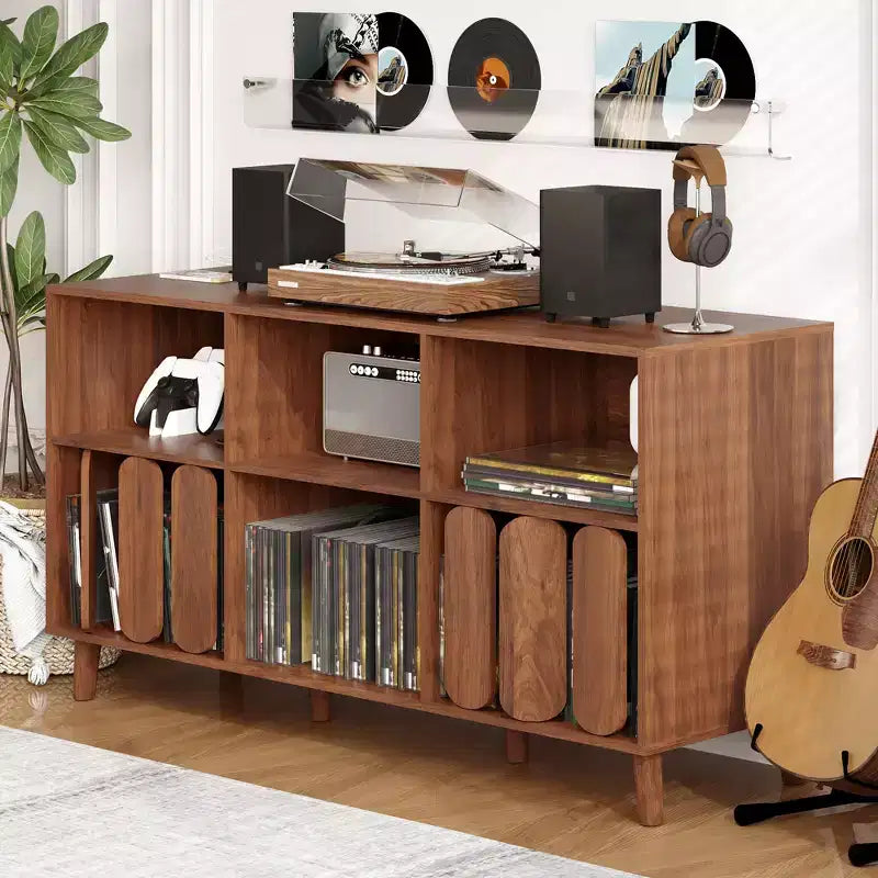 Mobile porta giradischi grande da 55 pollici, mobiletto rustico in legno per dischi in vinile con stazione di ricarica, 2 prese e porte USB, mensole aperte