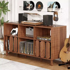 Mobile porta giradischi grande da 55 pollici, mobiletto rustico in legno per dischi in vinile con stazione di ricarica, 2 prese e porte USB, mensole aperte