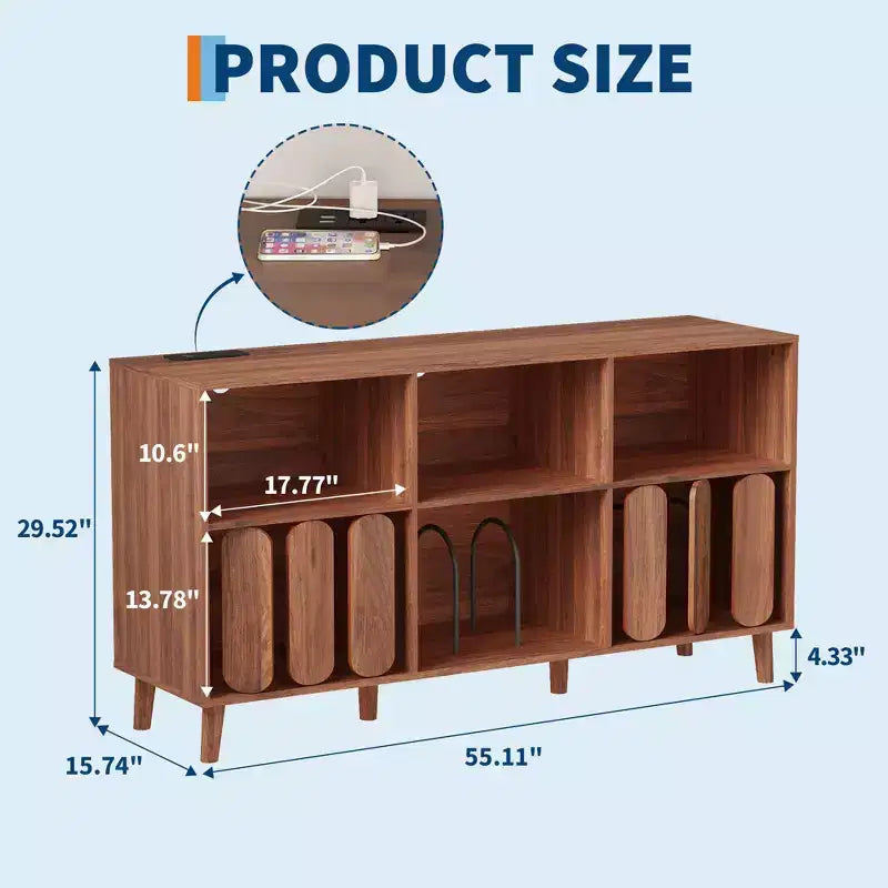Mobile porta giradischi grande da 55 pollici, mobiletto rustico in legno per dischi in vinile con stazione di ricarica, 2 prese e porte USB, mensole aperte