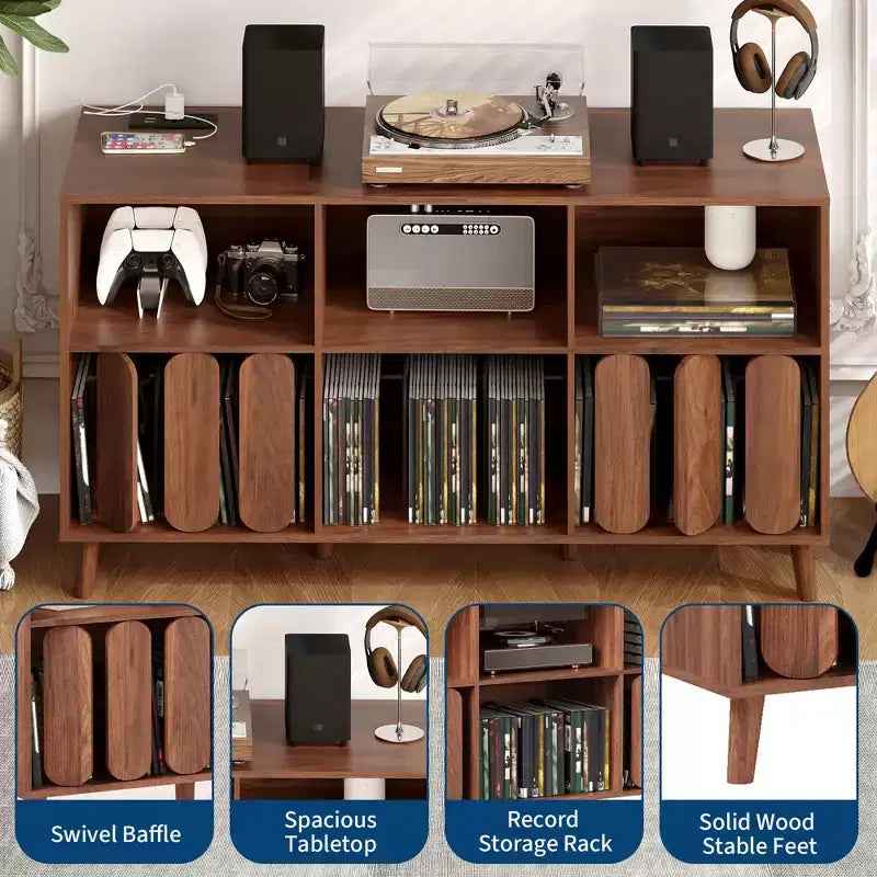 Mobile porta giradischi grande da 55 pollici, mobiletto rustico in legno per dischi in vinile con stazione di ricarica, 2 prese e porte USB, mensole aperte