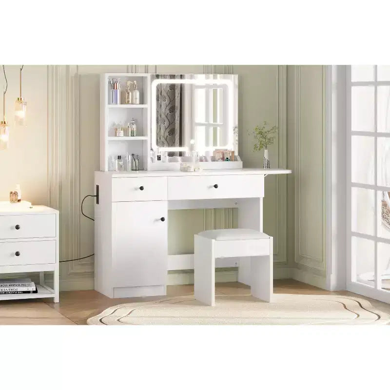 COZONY Toeletta con Specchio e Luci, Toeletta Regolabile con Sgabello in Similpelle, 2 Cassetti e 3 Ripiani Aperti, Bianco
