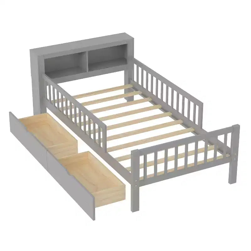 Letto a piattaforma in legno per bambini, una piazza, con 2 cassetti portaoggetti e sponde di protezione su entrambi i lati