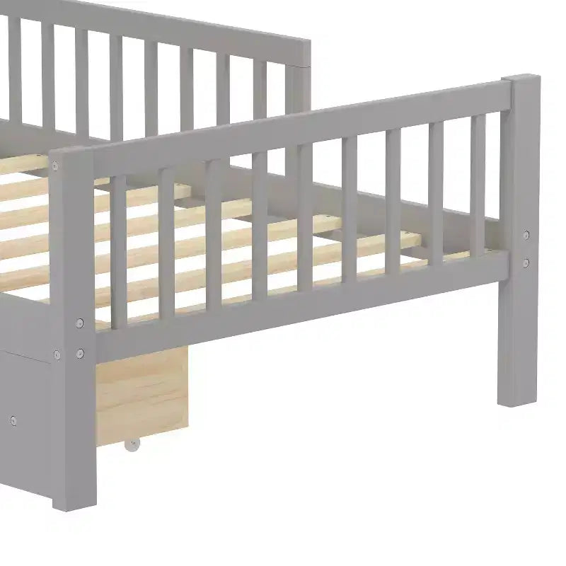 Letto a piattaforma in legno per bambini, una piazza, con 2 cassetti portaoggetti e sponde di protezione su entrambi i lati