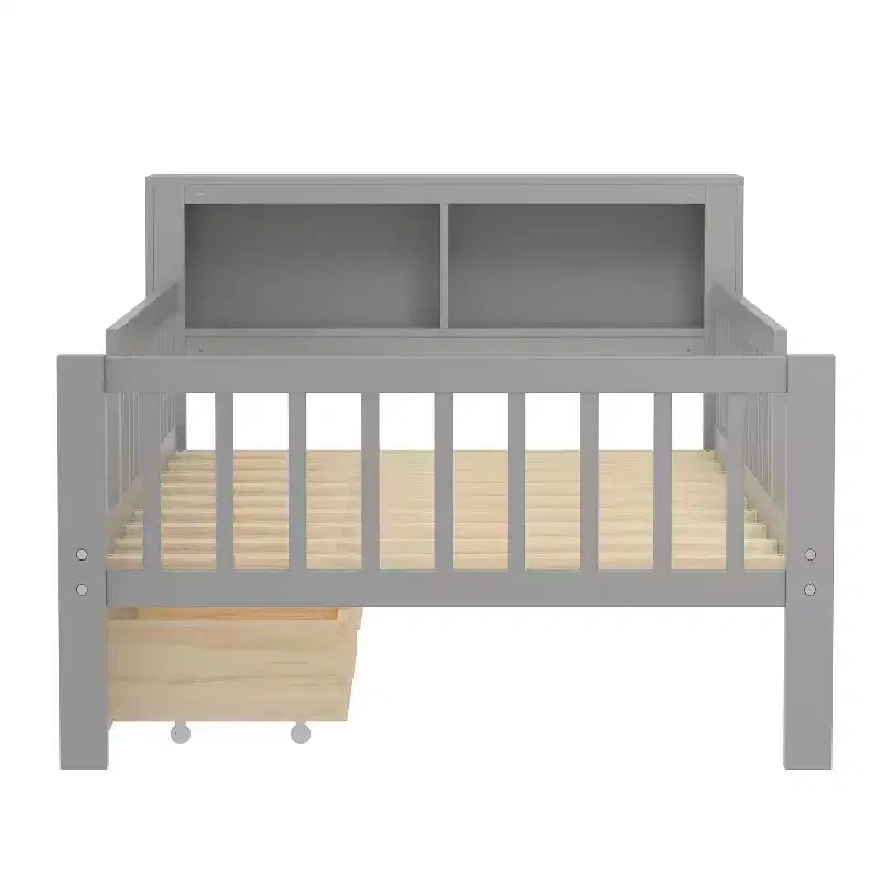 Letto a piattaforma in legno per bambini, una piazza, con 2 cassetti portaoggetti e sponde di protezione su entrambi i lati