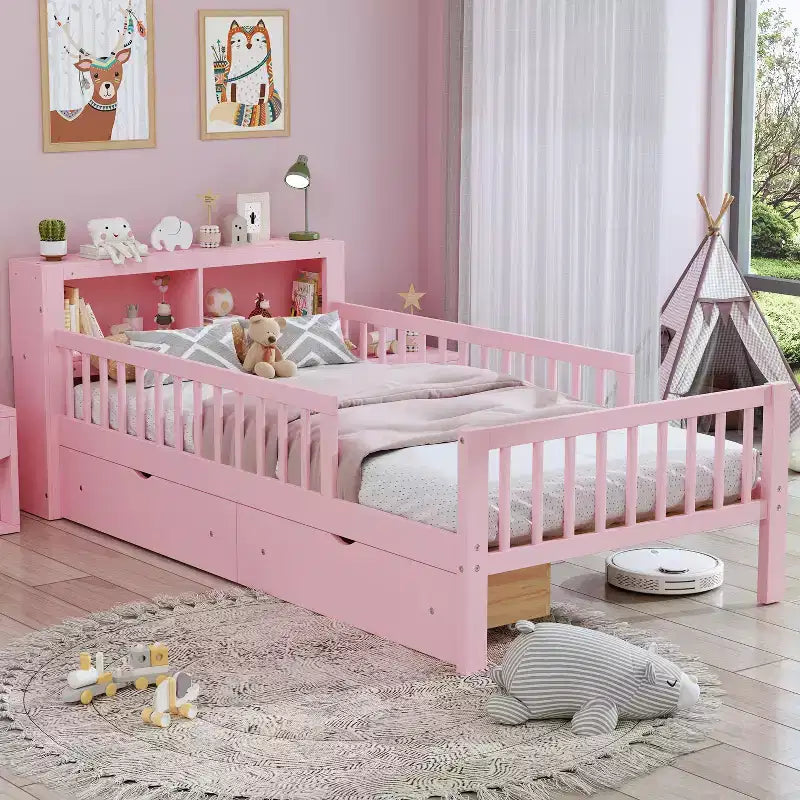 Letto a piattaforma in legno per bambini, una piazza, con 2 cassetti portaoggetti e sponde di protezione su entrambi i lati