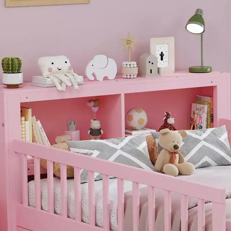 Letto a piattaforma in legno per bambini, una piazza, con 2 cassetti portaoggetti e sponde di protezione su entrambi i lati