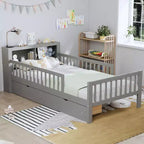 Letto a piattaforma in legno per bambini, una piazza, con 2 cassetti portaoggetti e sponde di protezione su entrambi i lati