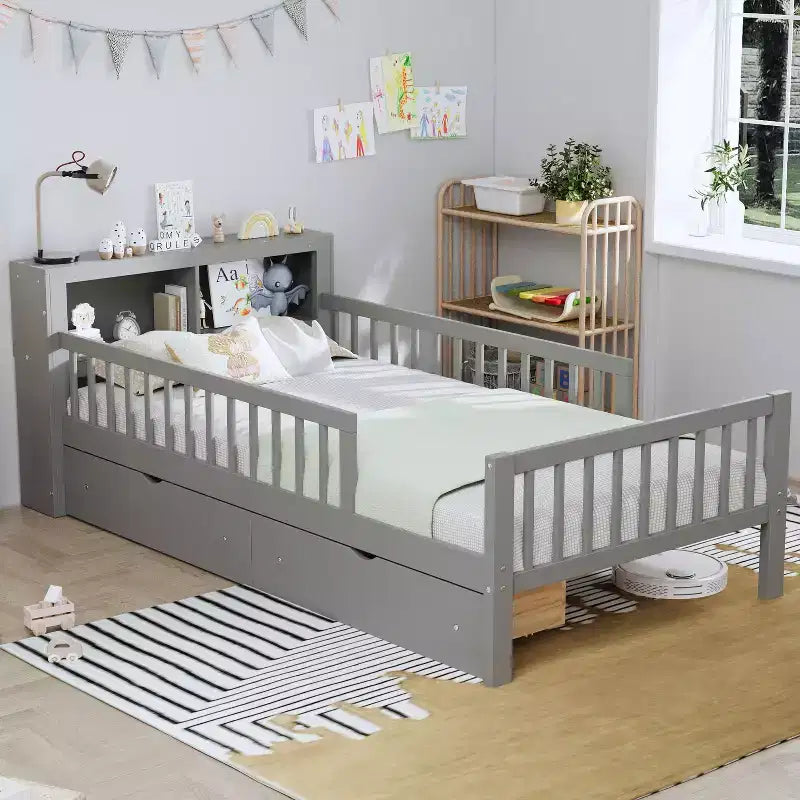 Letto a piattaforma in legno per bambini, una piazza, con 2 cassetti portaoggetti e sponde di protezione su entrambi i lati