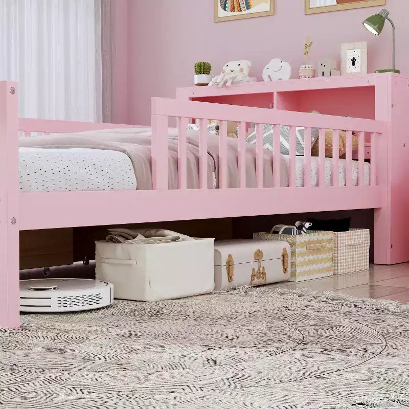 Letto a piattaforma in legno per bambini, una piazza, con 2 cassetti portaoggetti e sponde di protezione su entrambi i lati