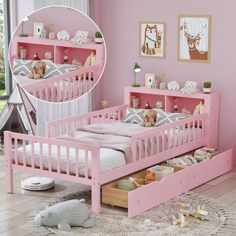 Letto a piattaforma in legno per bambini, una piazza, con 2 cassetti portaoggetti e sponde di protezione su entrambi i lati