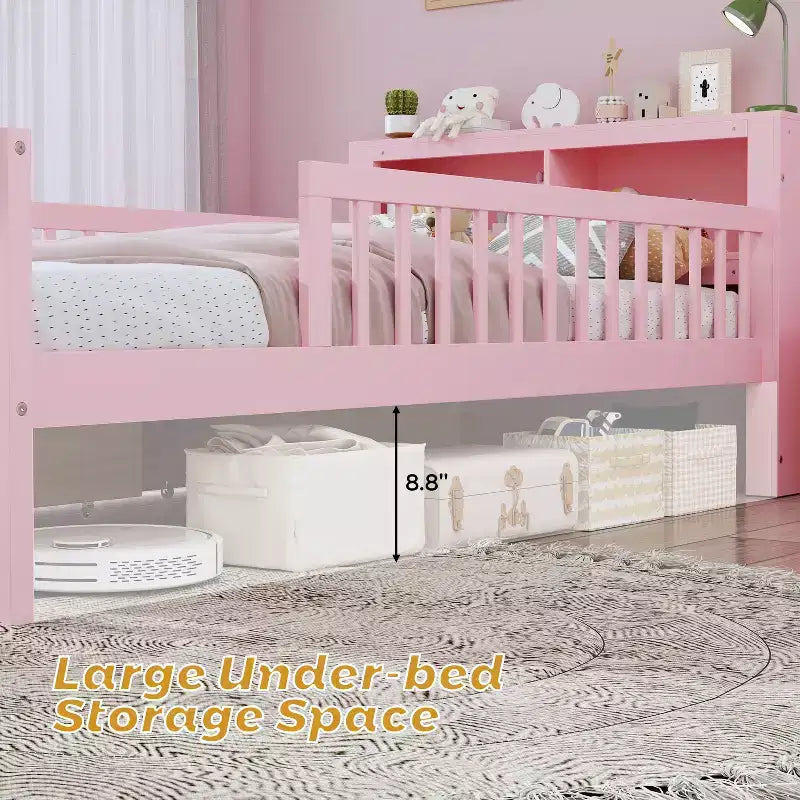 Letto a piattaforma in legno per bambini, una piazza, con 2 cassetti portaoggetti e sponde di protezione su entrambi i lati