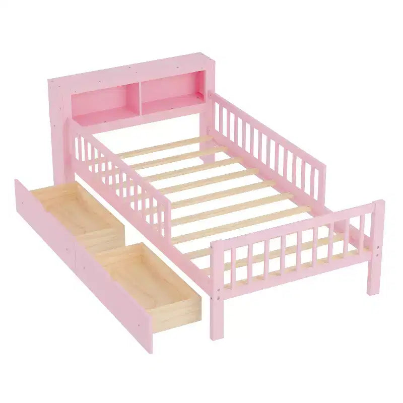 Letto a piattaforma in legno per bambini, una piazza, con 2 cassetti portaoggetti e sponde di protezione su entrambi i lati