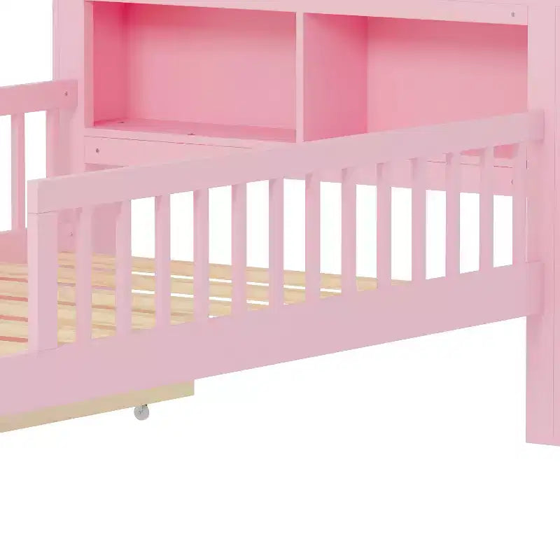 Letto a piattaforma in legno per bambini, una piazza, con 2 cassetti portaoggetti e sponde di protezione su entrambi i lati