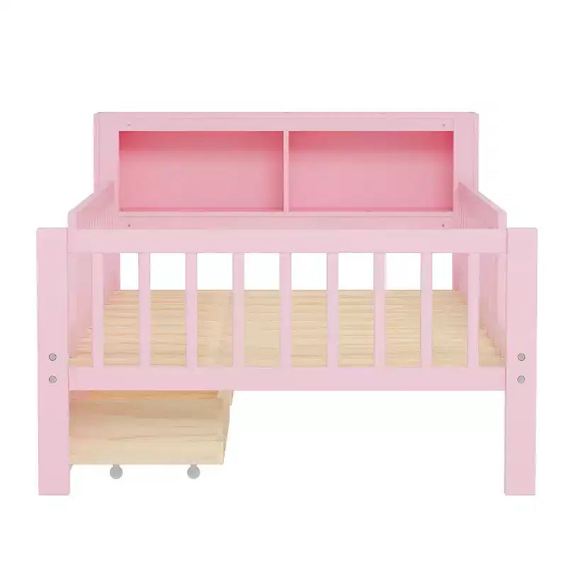 Letto a piattaforma in legno per bambini, una piazza, con 2 cassetti portaoggetti e sponde di protezione su entrambi i lati