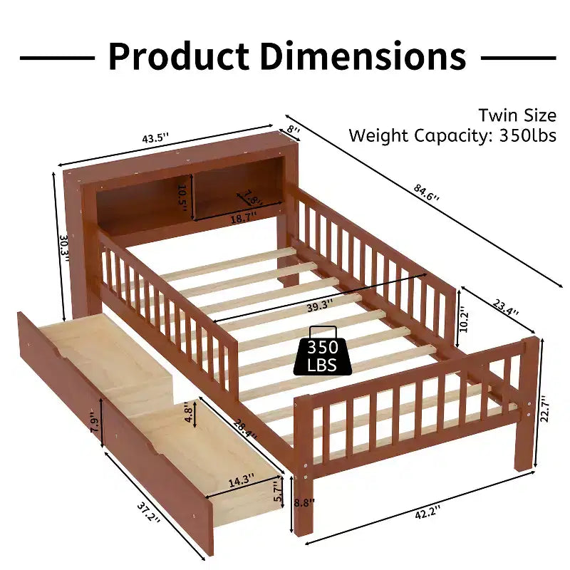 Letto a piattaforma in legno per bambini, una piazza, con 2 cassetti portaoggetti e sponde di protezione su entrambi i lati