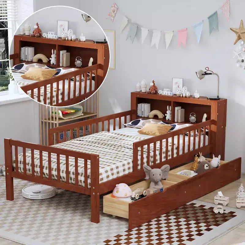 Letto a piattaforma in legno per bambini, una piazza, con 2 cassetti portaoggetti e sponde di protezione su entrambi i lati
