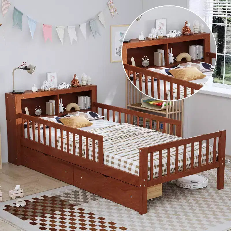 Letto a piattaforma in legno per bambini, una piazza, con 2 cassetti portaoggetti e sponde di protezione su entrambi i lati