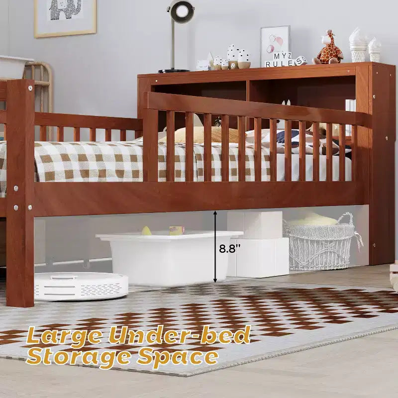 Letto a piattaforma in legno per bambini, una piazza, con 2 cassetti portaoggetti e sponde di protezione su entrambi i lati