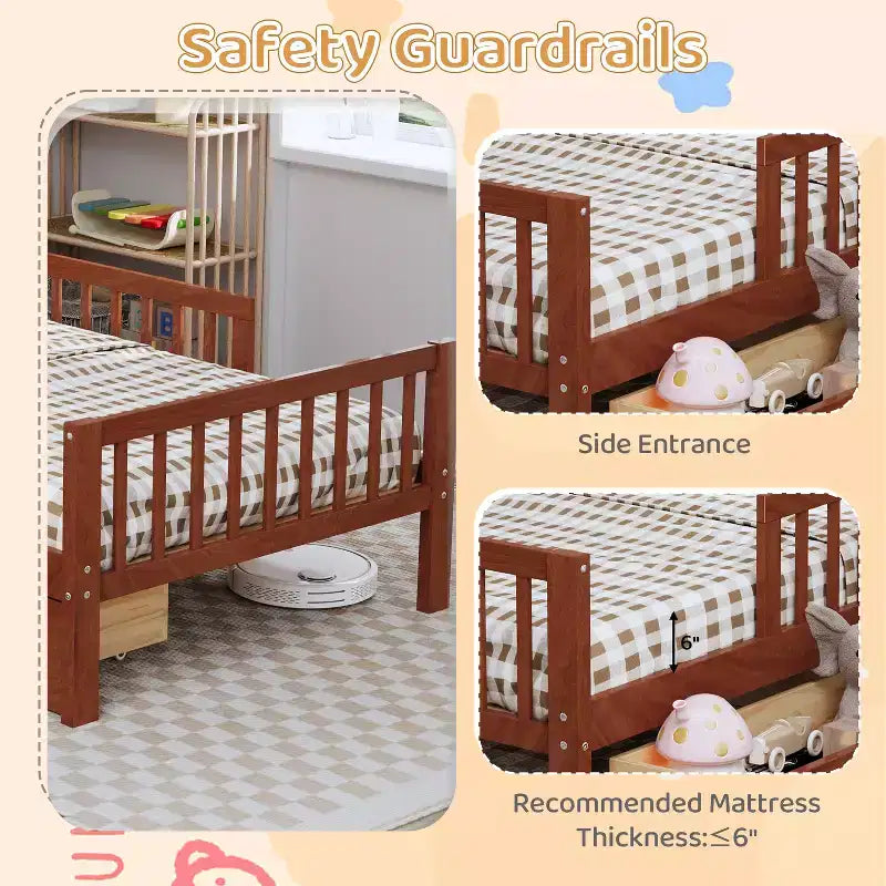 Letto a piattaforma in legno per bambini, una piazza, con 2 cassetti portaoggetti e sponde di protezione su entrambi i lati