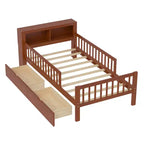 Letto a piattaforma in legno per bambini, una piazza, con 2 cassetti portaoggetti e sponde di protezione su entrambi i lati