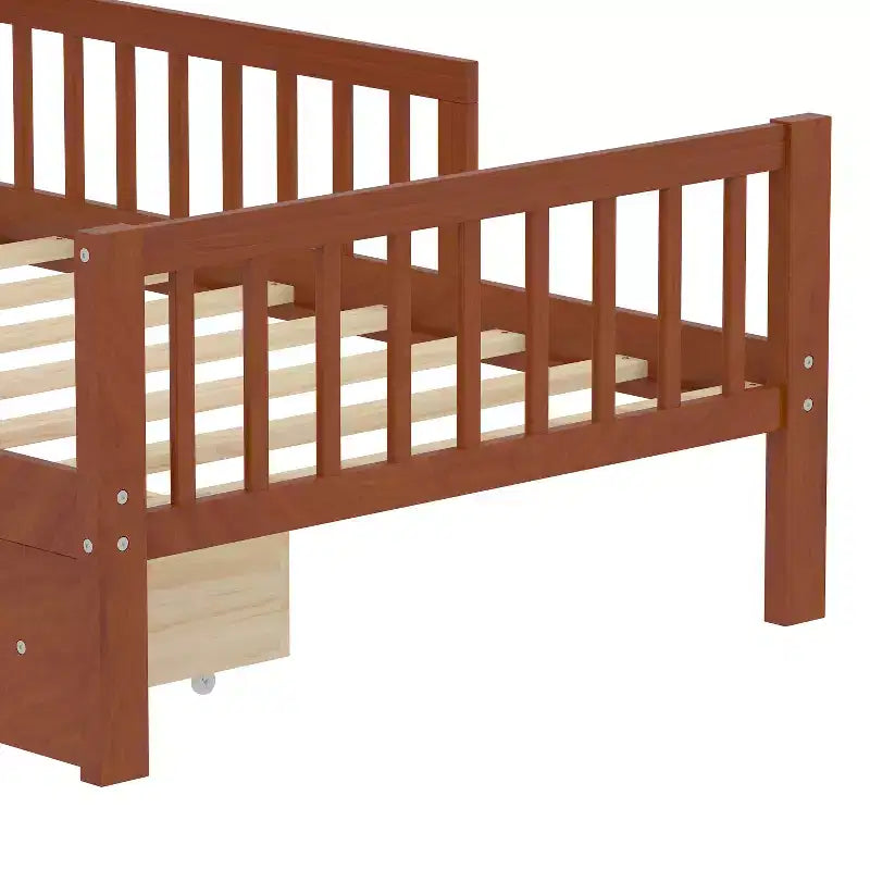 Letto a piattaforma in legno per bambini, una piazza, con 2 cassetti portaoggetti e sponde di protezione su entrambi i lati