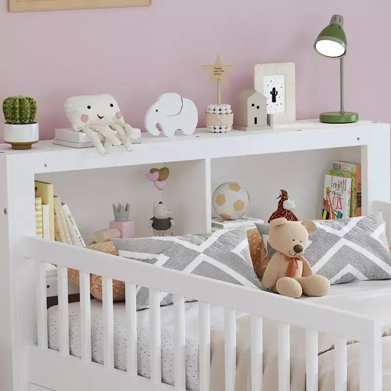Letto a piattaforma in legno per bambini, una piazza, con 2 cassetti portaoggetti e sponde di protezione su entrambi i lati