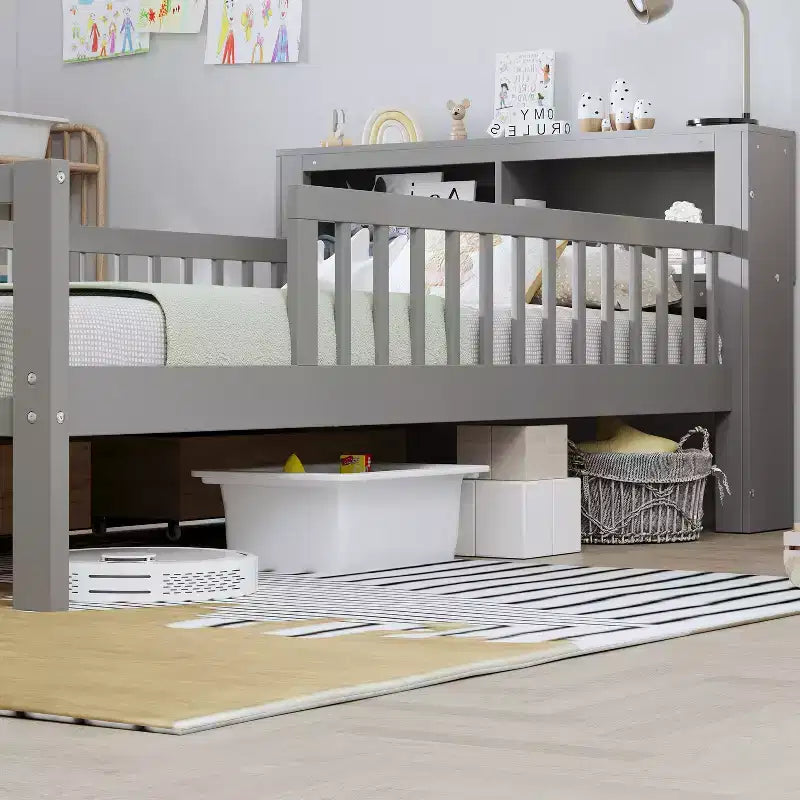 Letto a piattaforma in legno per bambini, una piazza, con 2 cassetti portaoggetti e sponde di protezione su entrambi i lati