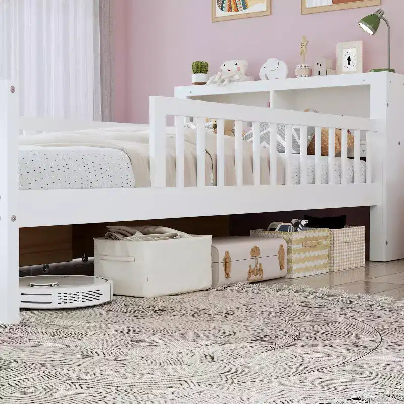 Letto a piattaforma in legno per bambini, una piazza, con 2 cassetti portaoggetti e sponde di protezione su entrambi i lati