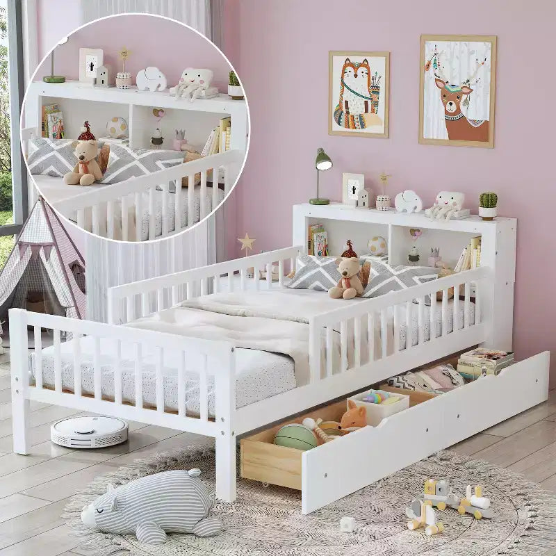 Letto a piattaforma in legno per bambini, una piazza, con 2 cassetti portaoggetti e sponde di protezione su entrambi i lati