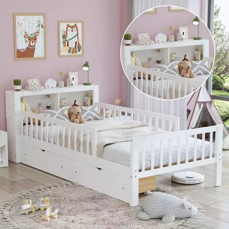 Letto a piattaforma in legno per bambini, una piazza, con 2 cassetti portaoggetti e sponde di protezione su entrambi i lati