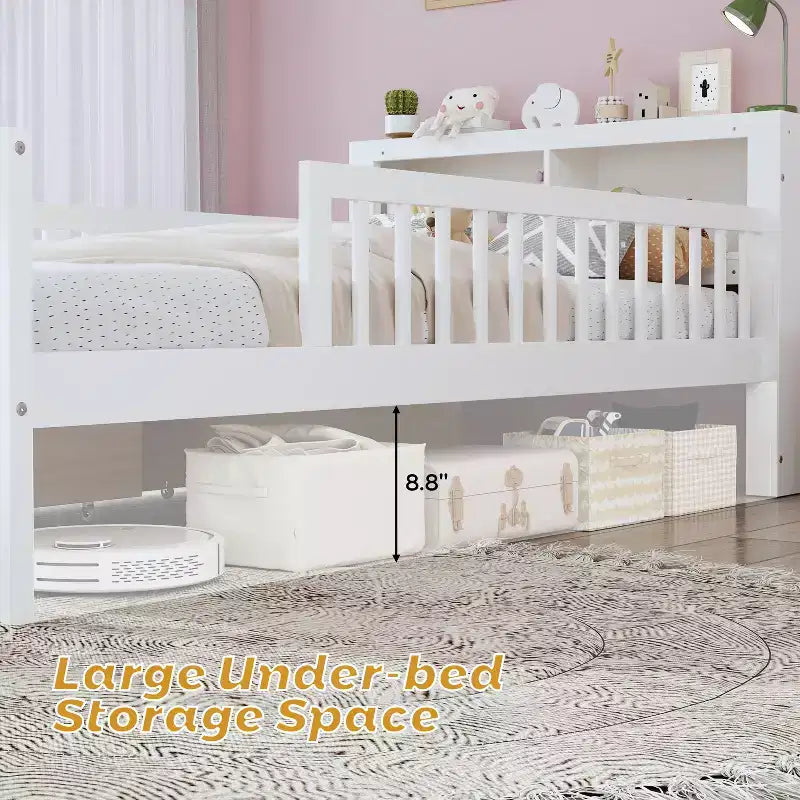 Letto a piattaforma in legno per bambini, una piazza, con 2 cassetti portaoggetti e sponde di protezione su entrambi i lati