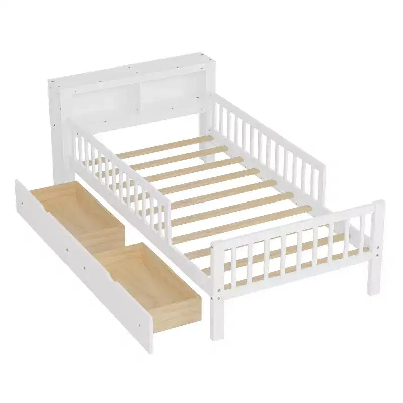 Letto a piattaforma in legno per bambini, una piazza, con 2 cassetti portaoggetti e sponde di protezione su entrambi i lati