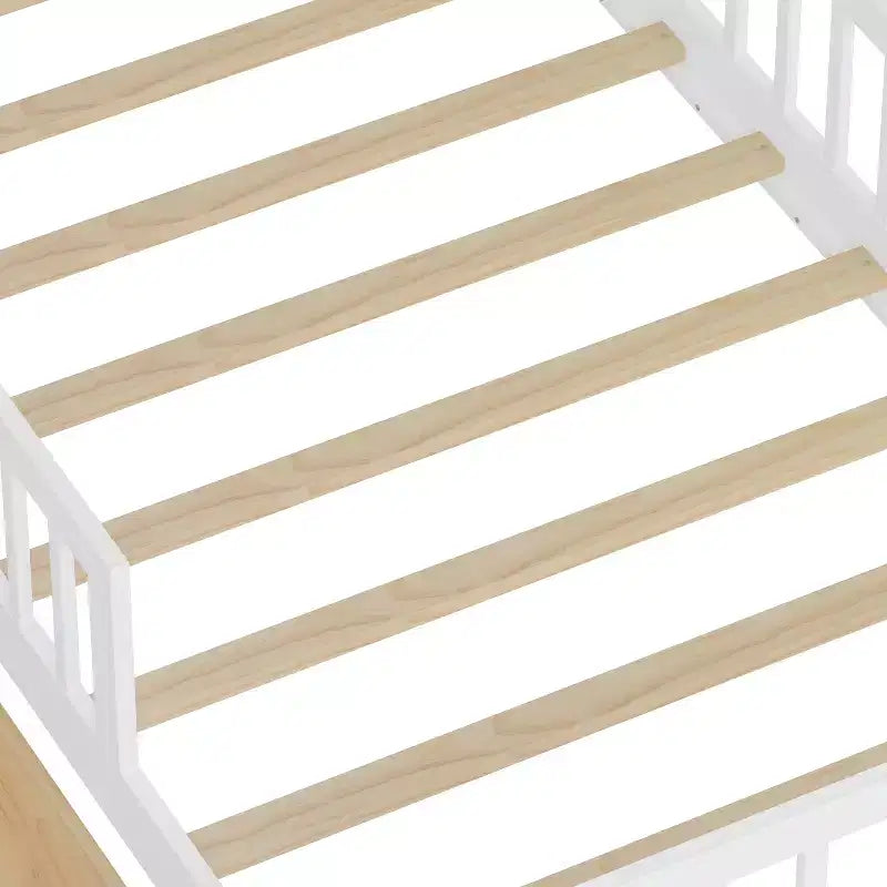 Letto a piattaforma in legno per bambini, una piazza, con 2 cassetti portaoggetti e sponde di protezione su entrambi i lati
