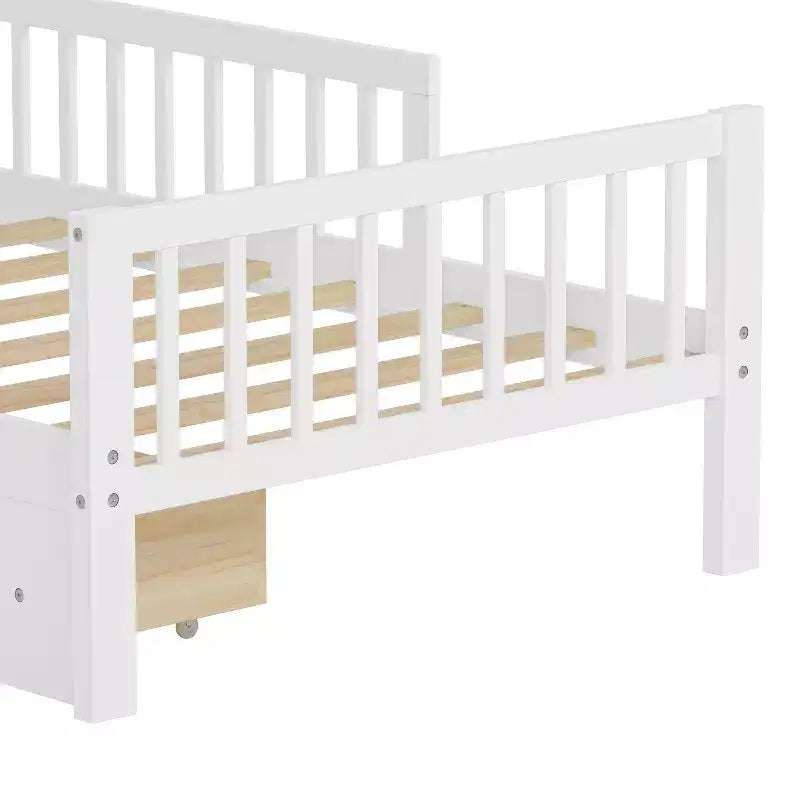 Letto a piattaforma in legno per bambini, una piazza, con 2 cassetti portaoggetti e sponde di protezione su entrambi i lati