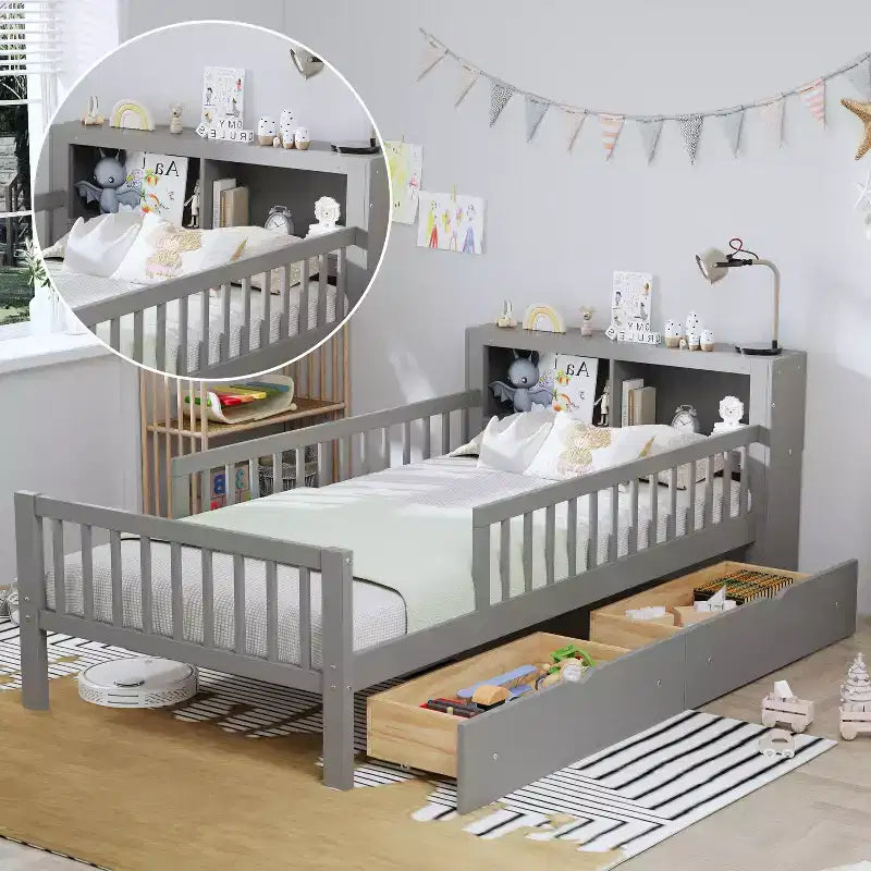Letto a piattaforma in legno per bambini, una piazza, con 2 cassetti portaoggetti e sponde di protezione su entrambi i lati