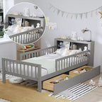 Letto a piattaforma in legno per bambini, una piazza, con 2 cassetti portaoggetti e sponde di protezione su entrambi i lati