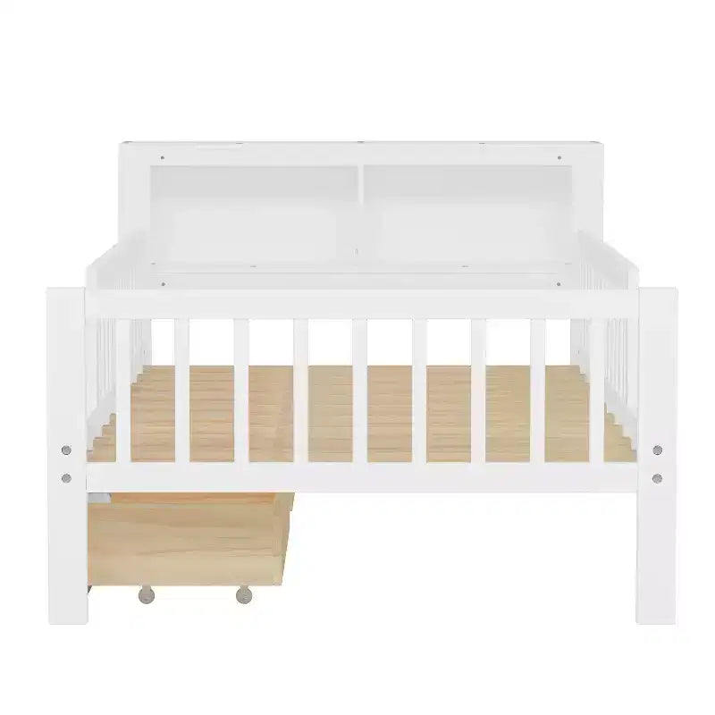 Letto a piattaforma in legno per bambini, una piazza, con 2 cassetti portaoggetti e sponde di protezione su entrambi i lati