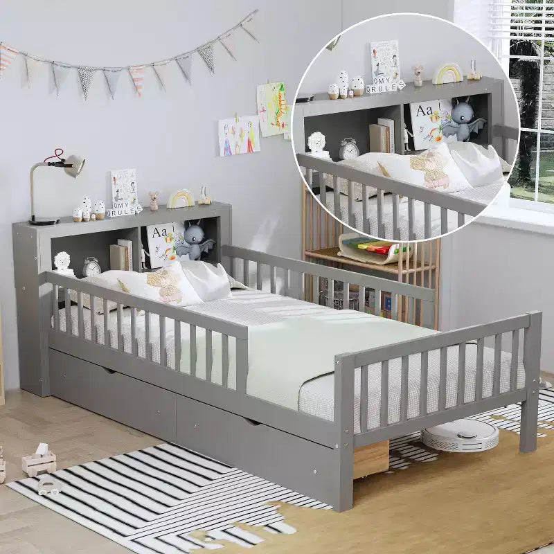 Letto a piattaforma in legno per bambini, una piazza, con 2 cassetti portaoggetti e sponde di protezione su entrambi i lati