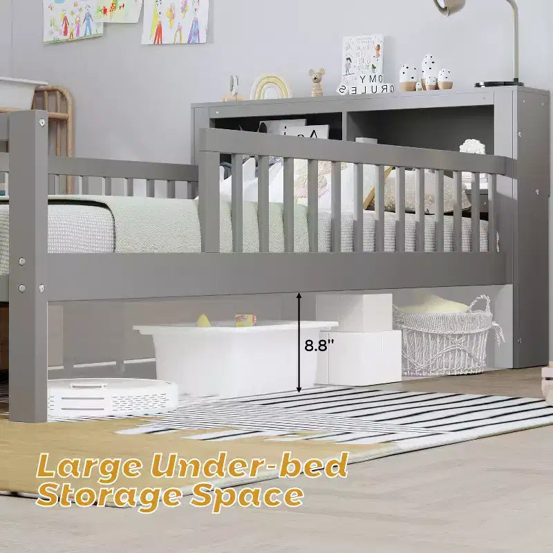 Letto a piattaforma in legno per bambini, una piazza, con 2 cassetti portaoggetti e sponde di protezione su entrambi i lati