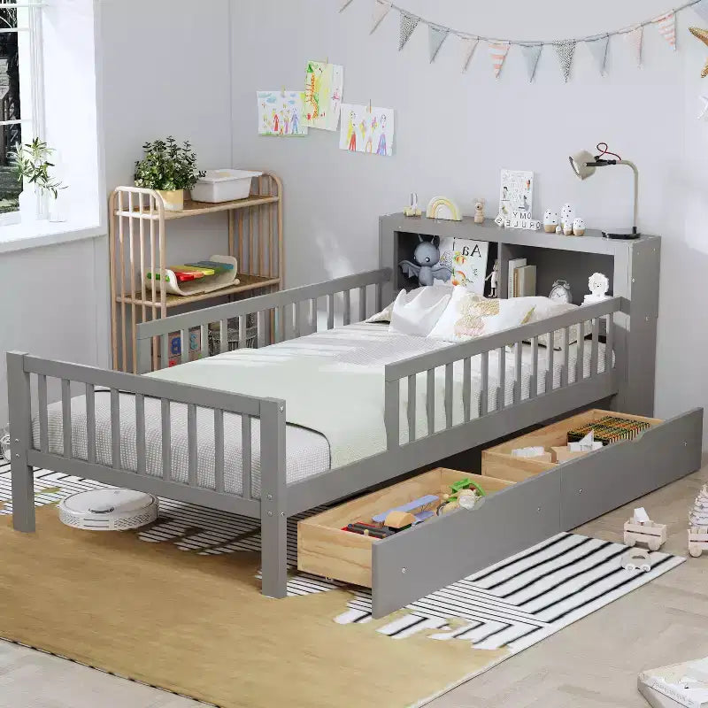 Wood Twin Size PlatformBed with 2 Storage Drawers, Twin Platform Bed with Guardrails on Both Sides for Kids