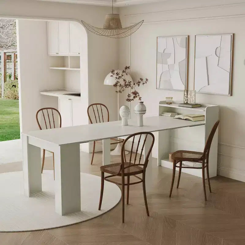 Tavolo da pranzo moderno allungabile in noce con vano portaoggetti, facile montaggio, design rettangolare.
