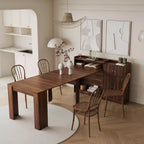 Tavolo da pranzo moderno allungabile in noce con vano portaoggetti, facile montaggio, design rettangolare.