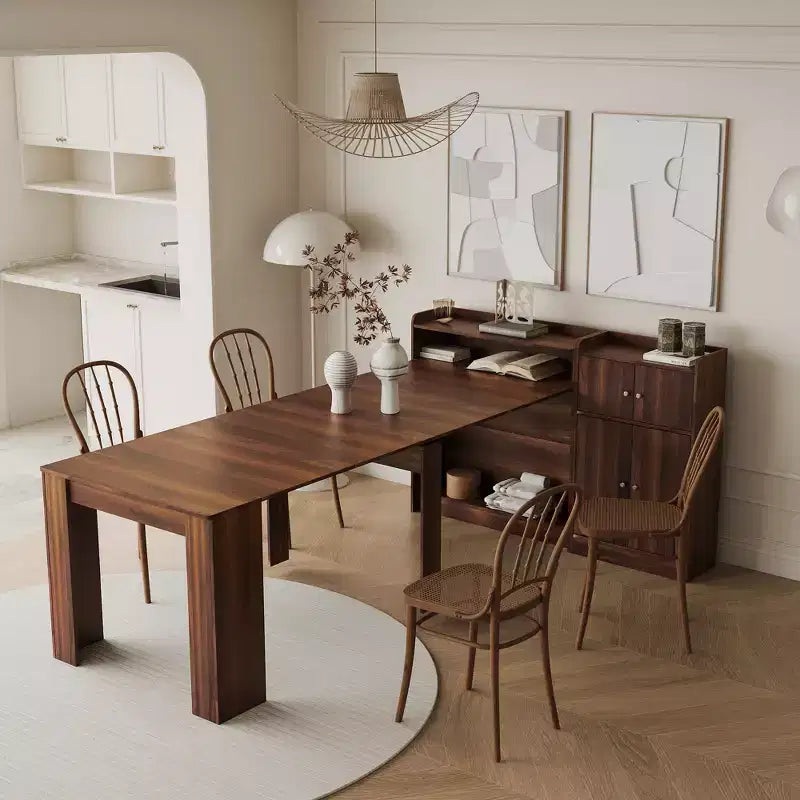 Tavolo da pranzo moderno allungabile in noce con vano portaoggetti, facile montaggio, design rettangolare.