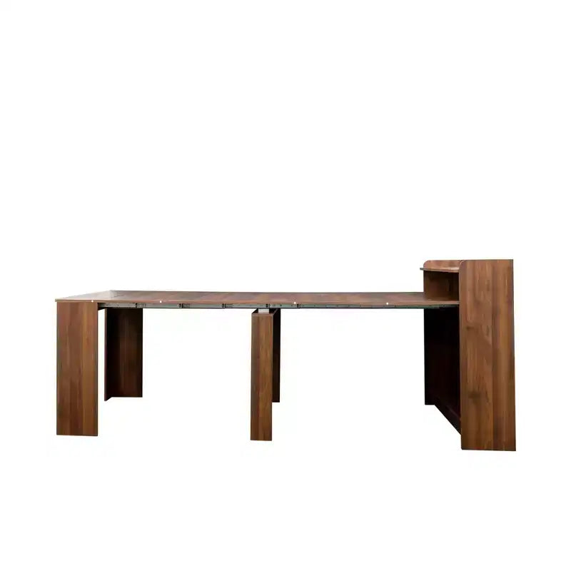 Tavolo da pranzo moderno allungabile in noce con vano portaoggetti, facile montaggio, design rettangolare.