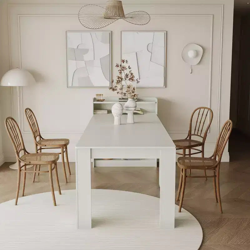 Tavolo da pranzo moderno allungabile in noce con vano portaoggetti, facile montaggio, design rettangolare.