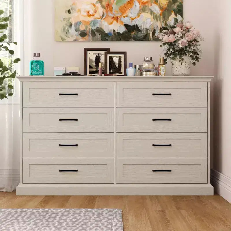 Famapy Vintage 8-Drawer Dresser Vanity with Black Metal Handles,Large-Capacity Drawer Chest Storage Cabinet for Bedroom/Living Room Organization