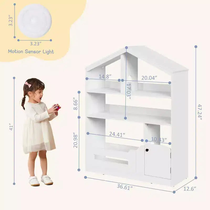 Libreria per bambini con luce, libreria a forma di casa delle bambole con sensore di movimento