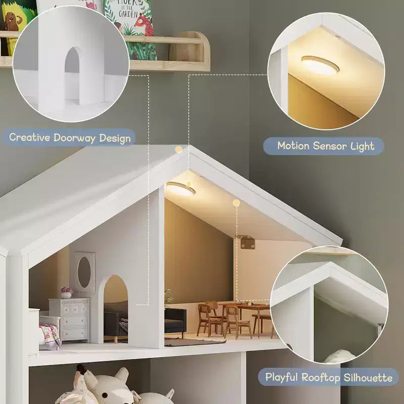 Libreria per bambini con luce, libreria a forma di casa delle bambole con sensore di movimento
