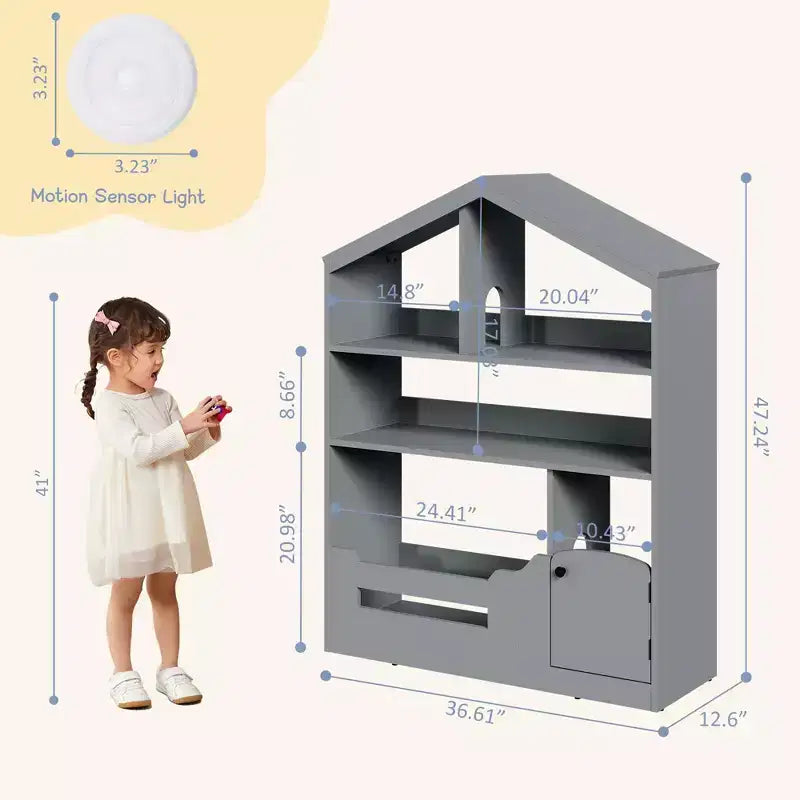 Libreria per bambini con luce, libreria a forma di casa delle bambole con sensore di movimento