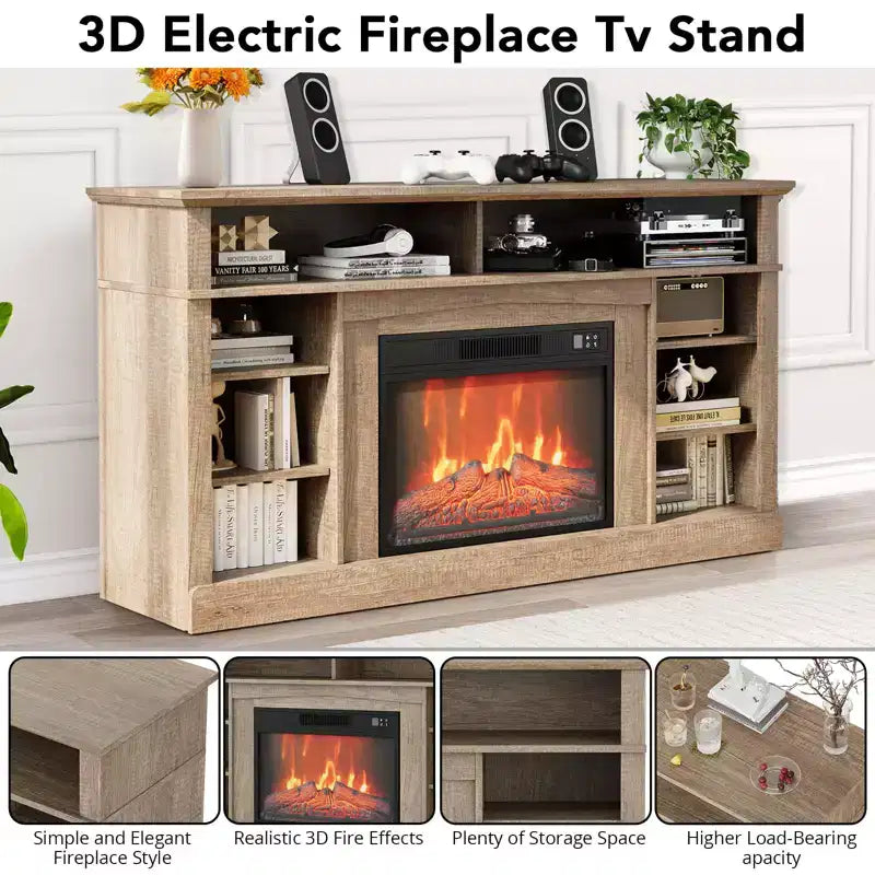 Il mobile TV include un caminetto elettrico e un centro console per l'intrattenimento multimediale, completo di telecomando ed effetti fiamma LED regolabili.
